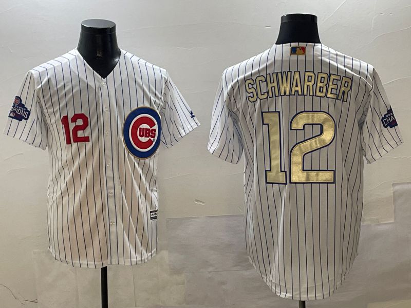 Men Chicago Cubs #12 Schwarber White Stripe Gold Game 2025 Nike MLB Jersey style 1->chicago cubs->MLB Jersey